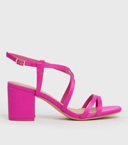 New Look Wide Fit Bright Pink Satin Strappy Block Heel Sandals